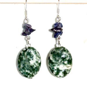 2/$20, Genuine Green Tree Agate & Lapis Lazuli Gemstone Sterling Silver Earrings